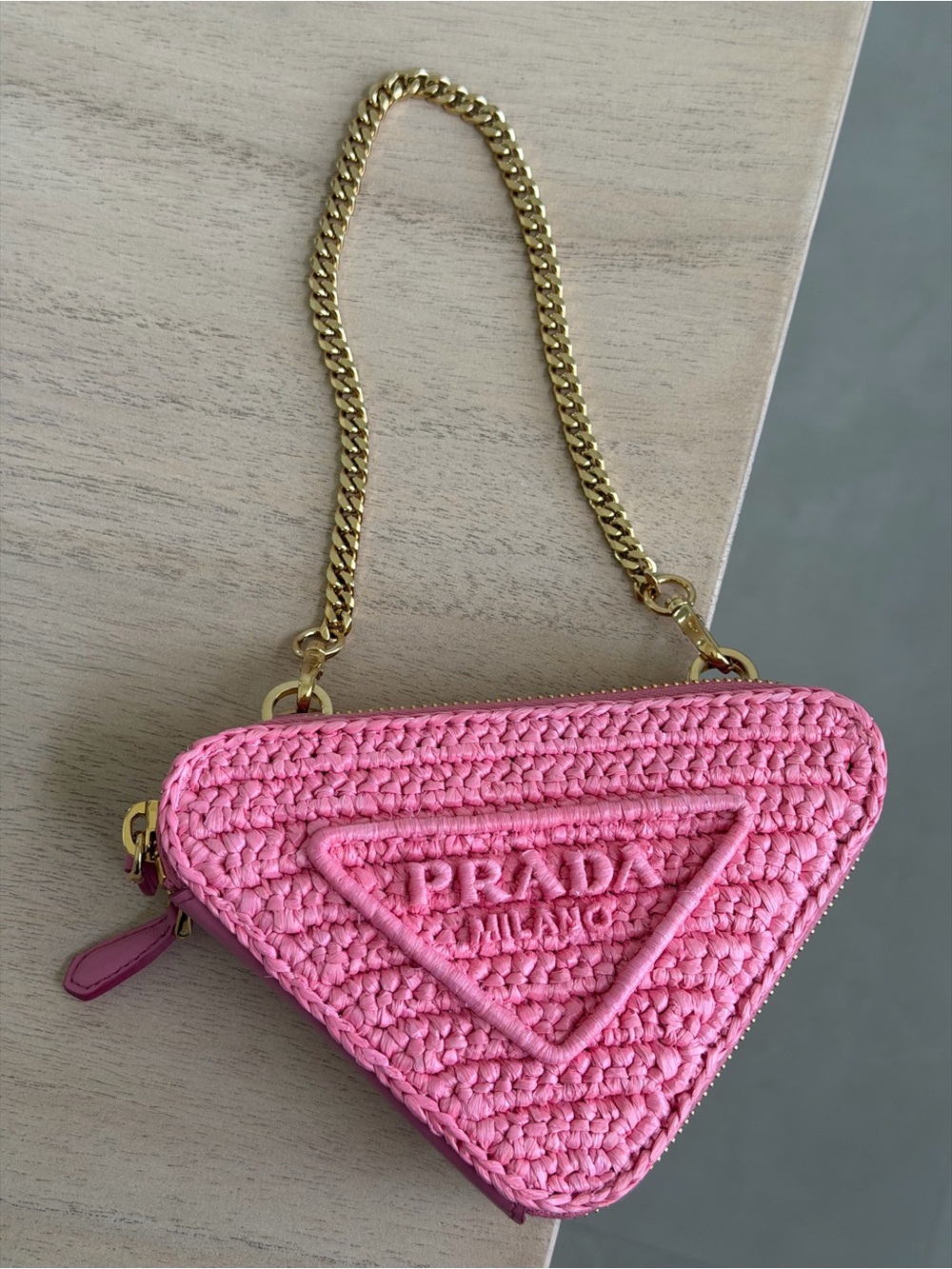 Prada Raffia Calfskin Crochet Logo Embroidered Mini Triangle Pouch Petalo